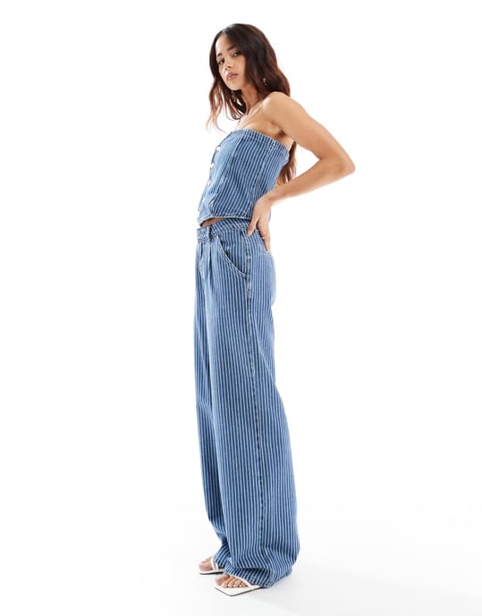 ASOS DESIGN denim bandeau in pinstripe mid wash blue co-ord - Image 2