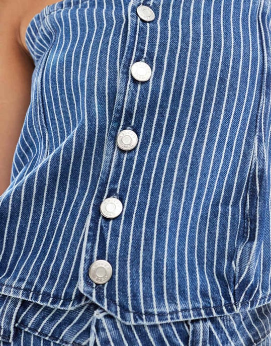 ASOS DESIGN denim bandeau in pinstripe mid wash blue co-ord - Image 3