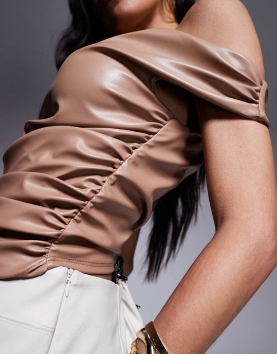 ASOS DESIGN leather look ruched off shoulder top in tan - Image 2