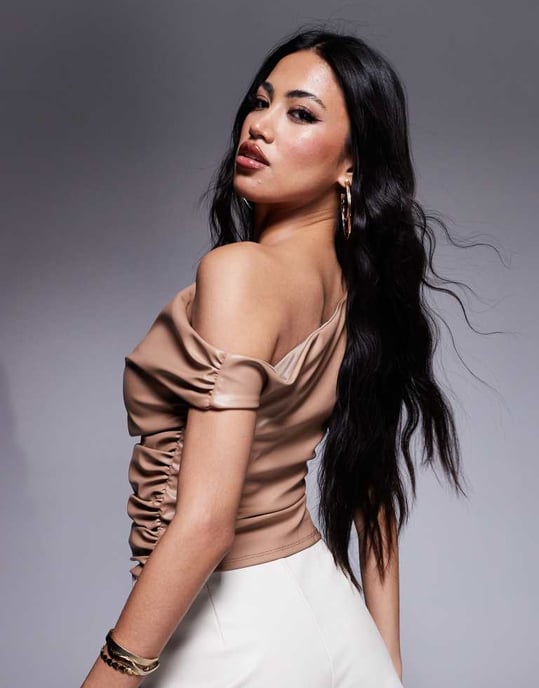 ASOS DESIGN leather look ruched off shoulder top in tan - Image 4