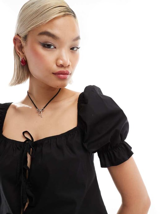 Reclaimed Vintage puff sleeve top with tie front in black - Image 3