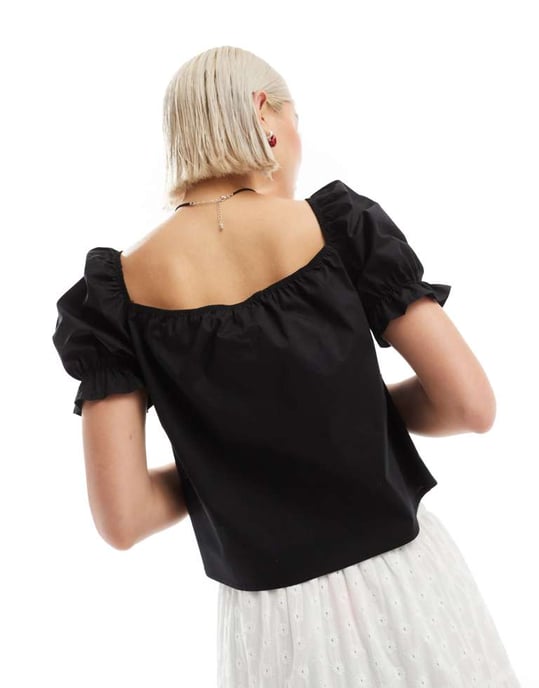 Reclaimed Vintage puff sleeve top with tie front in black - Image 4