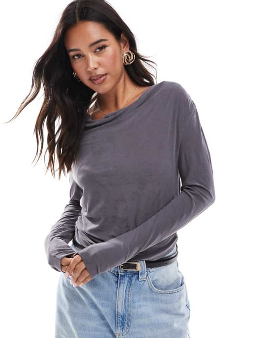 ONLY textured long sleeve cowl neck top in grey - Image 1
