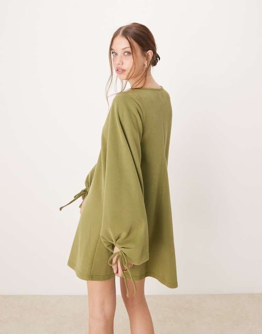 ASOS DESIGN supersoft v-neck flare hem skirt mini dress with tie sleeve in olive - Image 3