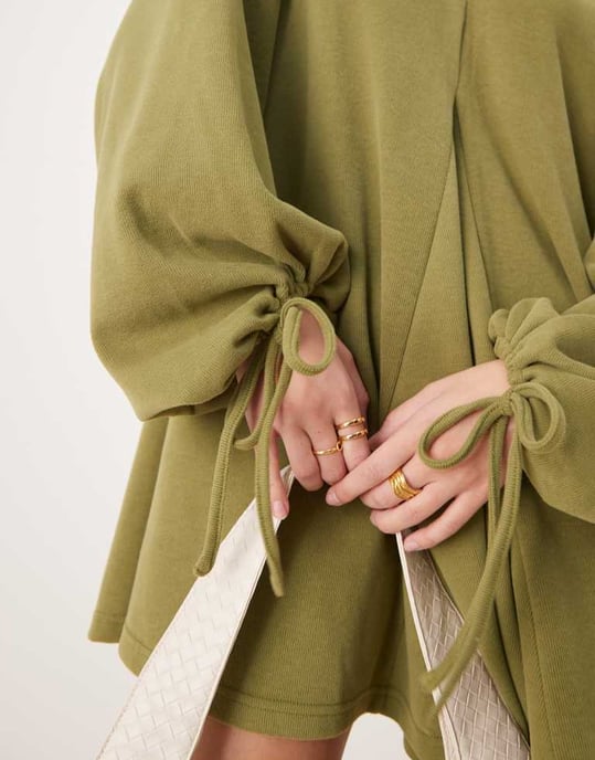 ASOS DESIGN supersoft v-neck flare hem skirt mini dress with tie sleeve in olive - Image 4