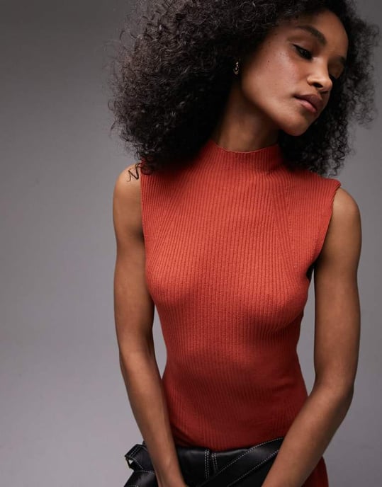 Topshop – Orange stickad klänning med vida axlar - Image 3