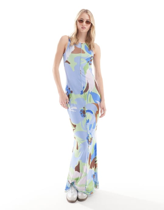 Vero Moda Tall – Blå blommig ärmlös klänning i mesh med salladskant - Image 2