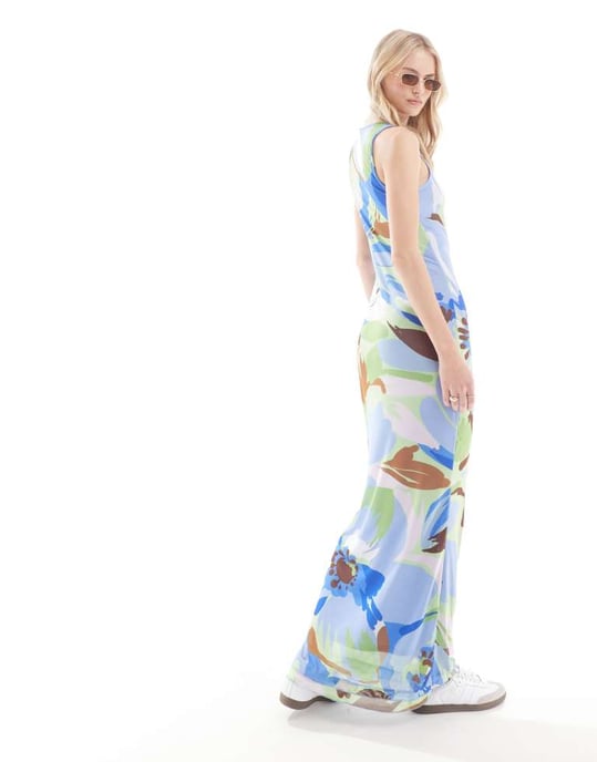 Vero Moda Tall – Blå blommig ärmlös klänning i mesh med salladskant - Image 3