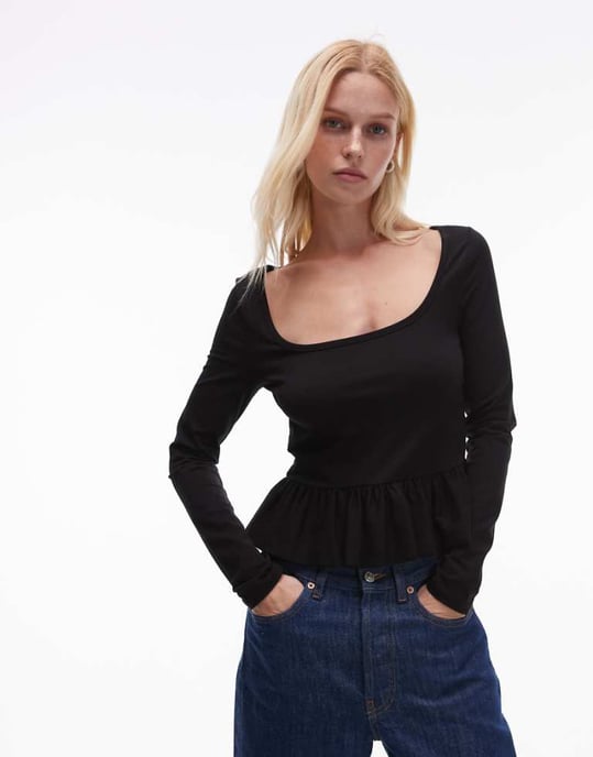 Topshop long sleeve peplum top in black - Image 1