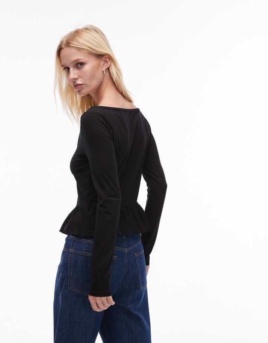 Topshop long sleeve peplum top in black - Image 3