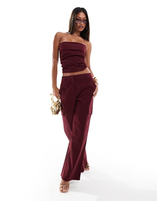 Kaiia exclusive cotton rich bandeau foldover top co-ord in dark burgundy - Image 2