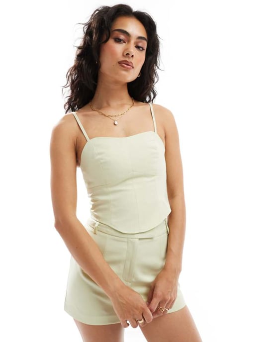 Miss Selfridge tailored strappy corset top co ord in lime green - Image 1