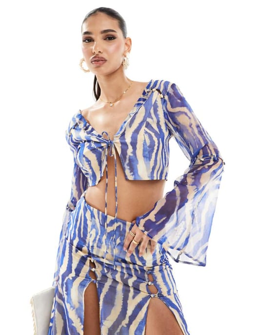 ASOS DESIGN soft ruffle top co-ord in blue zebra print - Image 1