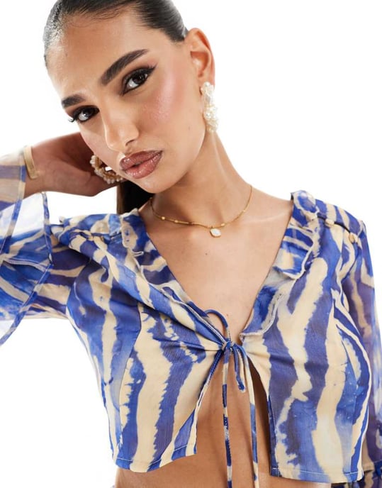 ASOS DESIGN soft ruffle top co-ord in blue zebra print - Image 3
