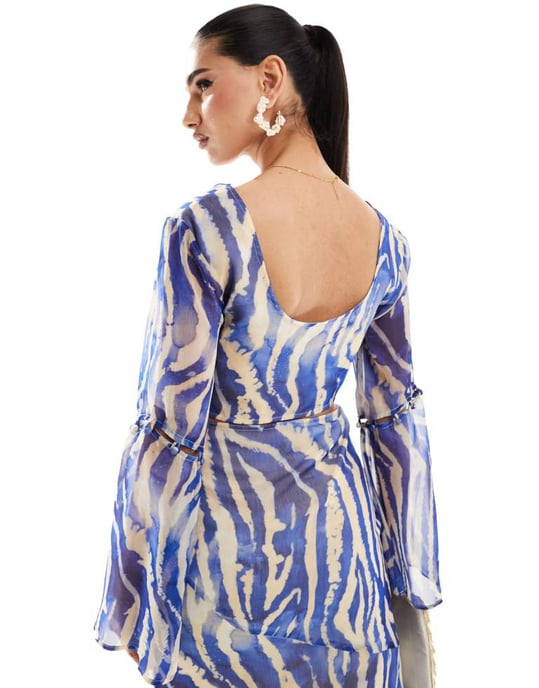 ASOS DESIGN soft ruffle top co-ord in blue zebra print - Image 4