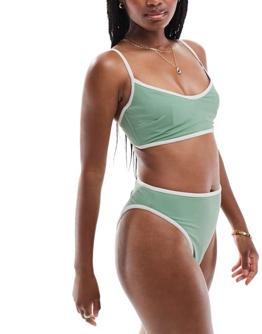 ASOS DESIGN contrast binding hidden underwire crop bikini in sage green - Image 4