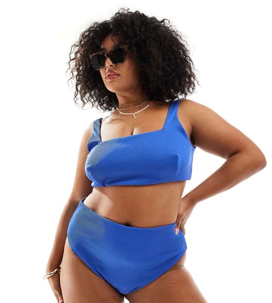 ASOS DESIGN Curve Emily rib crop bikini top in cobalt - Image 1