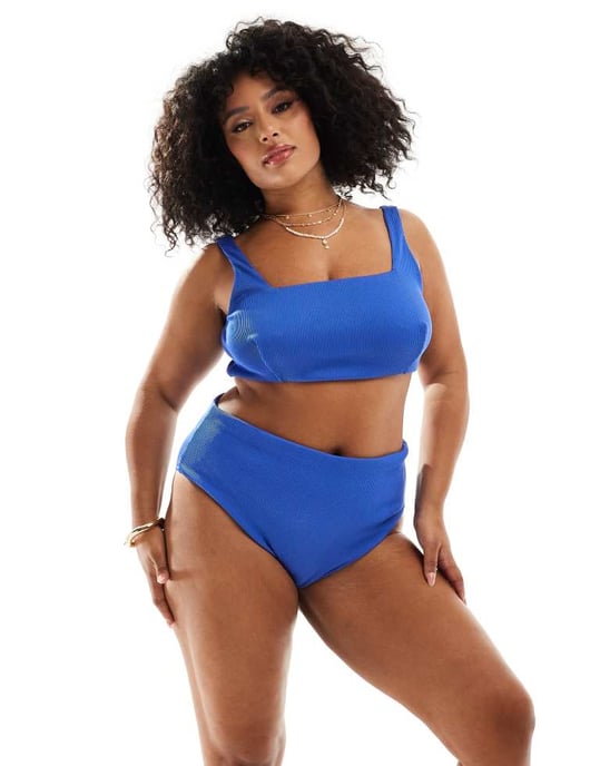 ASOS DESIGN Curve Emily rib crop bikini top in cobalt - Image 2