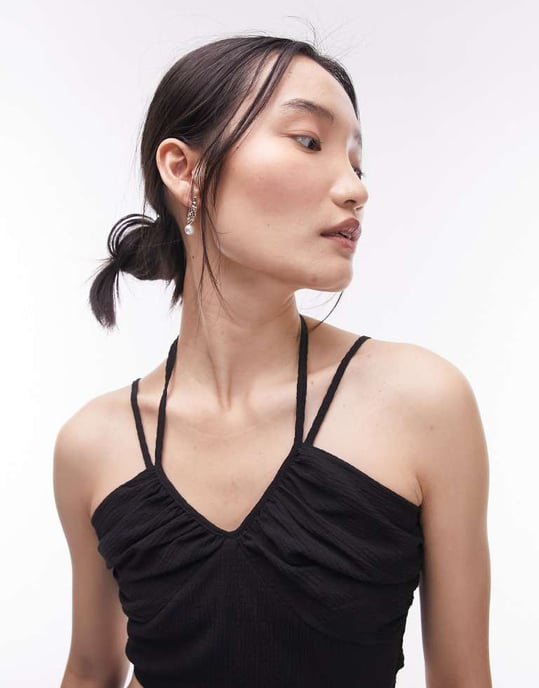 Topshop – Svart topp med knytdetalj och rynka framtill, del av set - Image 4