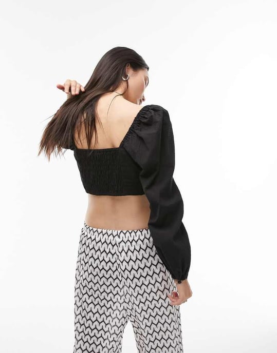 Topshop – Svart topp med långa ärmar och snörning - Image 2