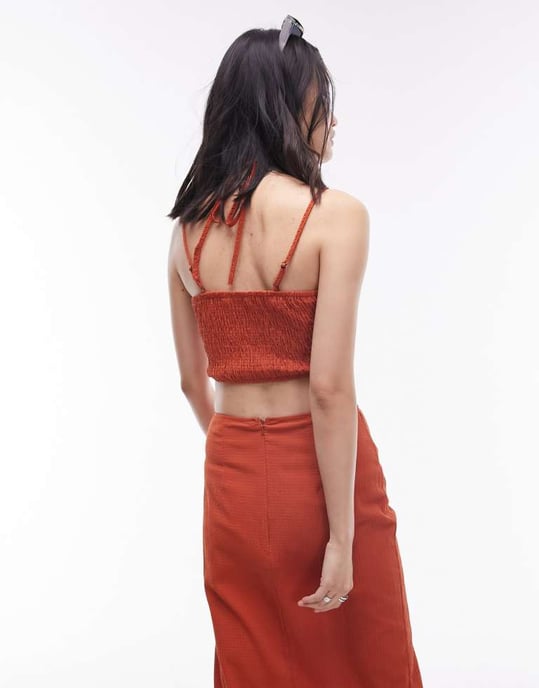 Topshop – Rostfärgad topp med knytdetalj och rynka framtill, del av set - Image 4