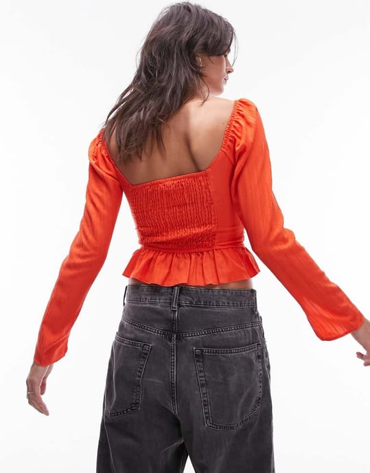 Topshop – Röd, texturerad topp med långa ärmar och hjärtformad halsringning - Image 3