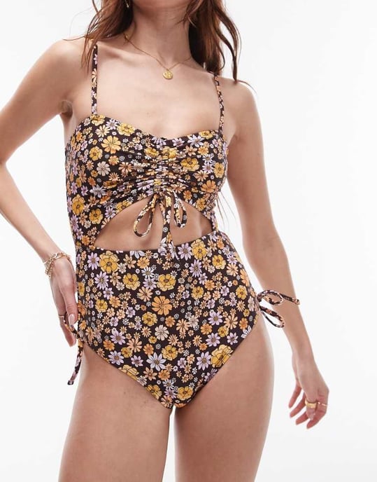 Topshop cut out ruche side swimsuit in brown ditsy floral print - Image 4
