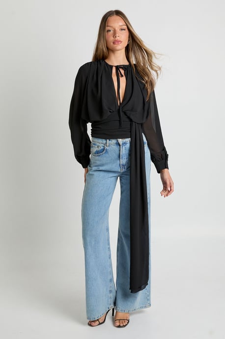 Draped Chiffon Plunge Blouse - Image 1