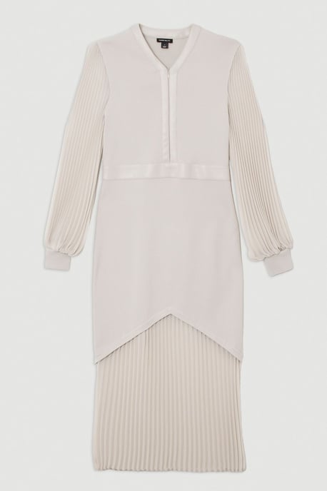 Woven Sleeved Pleated Dress With Pu - Image 4