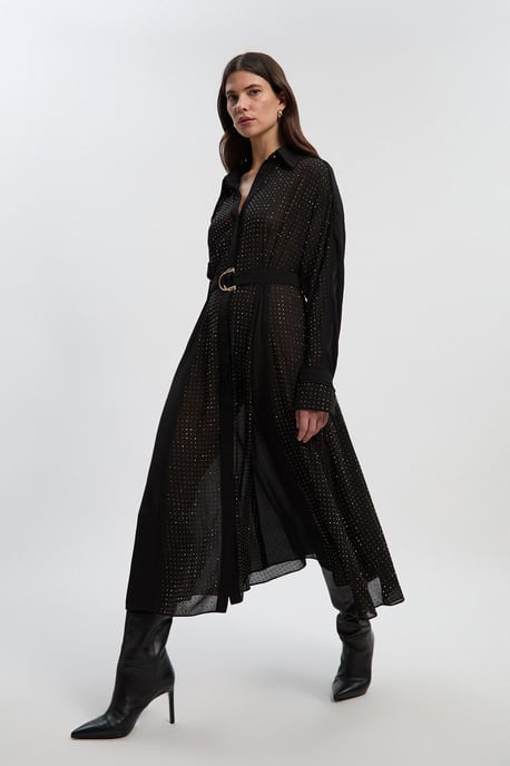 Petite Hotfix Studded Long Sleeve Shirt Woven Maxi Dress - Image 1