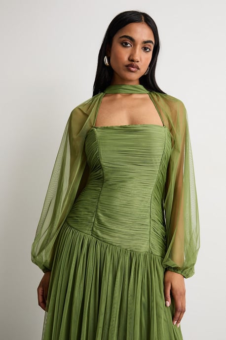 Bow Detail Gathered Tulle Maxi Dress with Open Neck - Image 2