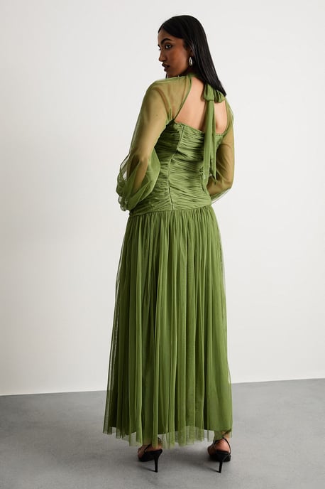 Bow Detail Gathered Tulle Maxi Dress with Open Neck - Image 3