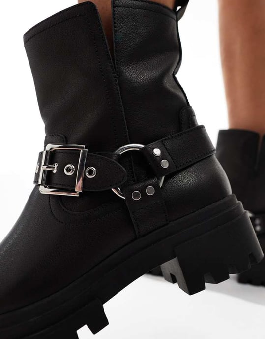 ALDO – Harlly – Svarta, platta bikerboots med ankelrem - Image 3