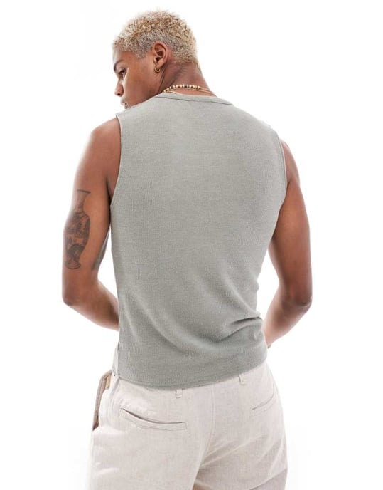 ASOS DESIGN – Muscle fit linne i kakifärgat, tvättat, ribbat - Image 4