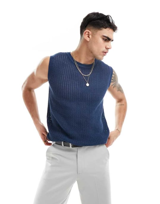 ASOS DESIGN – Marinblå, lätt stickad väst med rund halsringning och pointelle-motiv - Image 1