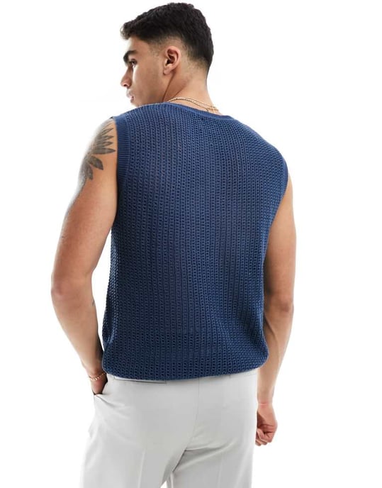 ASOS DESIGN – Marinblå, lätt stickad väst med rund halsringning och pointelle-motiv - Image 4