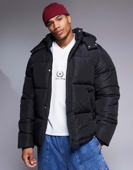 ASOS DESIGN puffer jacket with detachable hood in black - Image 1