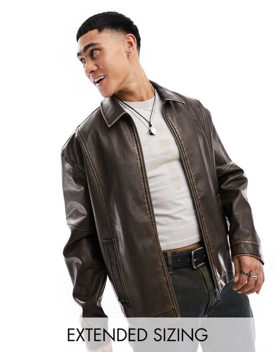 ASOS DESIGN oversized faux leather harrington jacket in brown - Image 1