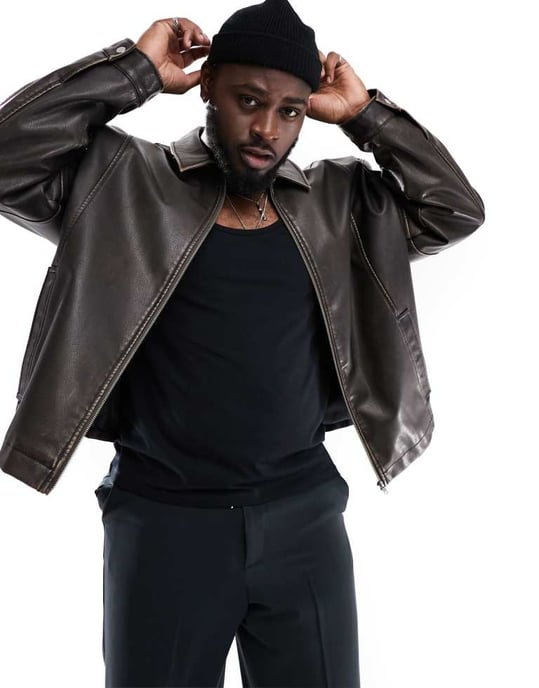 ASOS DESIGN oversized faux leather harrington jacket in brown - Image 2