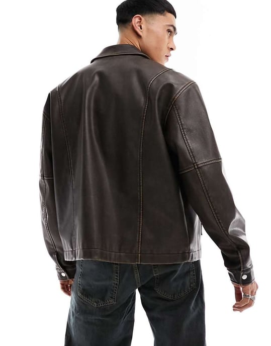 ASOS DESIGN oversized faux leather harrington jacket in brown - Image 3