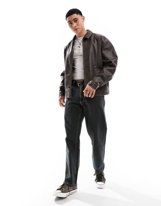ASOS DESIGN oversized faux leather harrington jacket in brown - Image 4