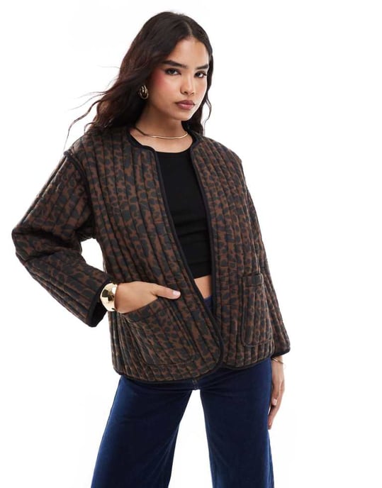 ASOS DESIGN cotton quilted jacket in brown leopard print - Image 1