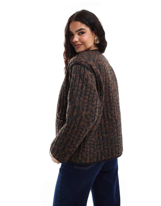 ASOS DESIGN cotton quilted jacket in brown leopard print - Image 4