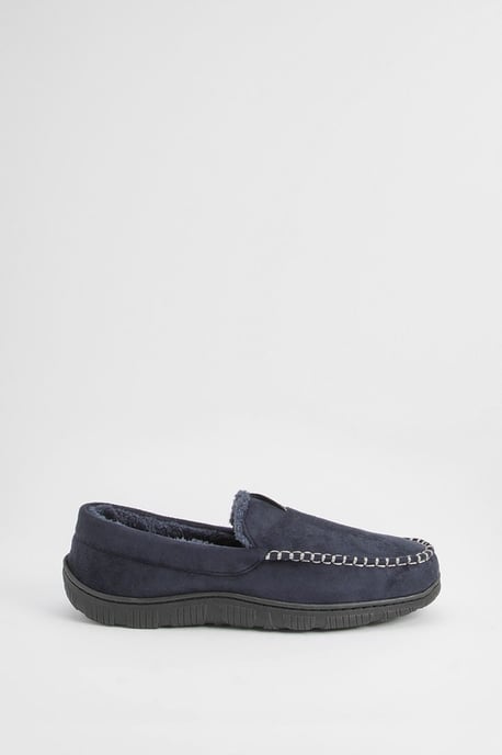 Navy Faux Fur Lined Moccasin Slippers - Image 1