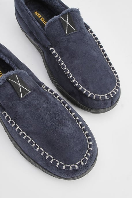 Navy Faux Fur Lined Moccasin Slippers - Image 3