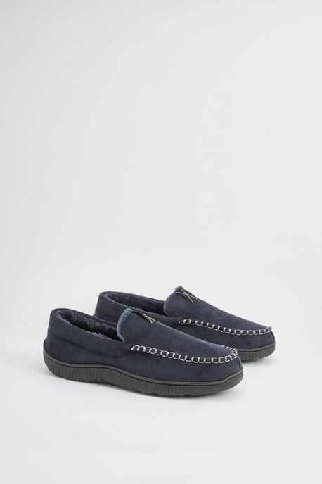 Navy Faux Fur Lined Moccasin Slippers - Image 4
