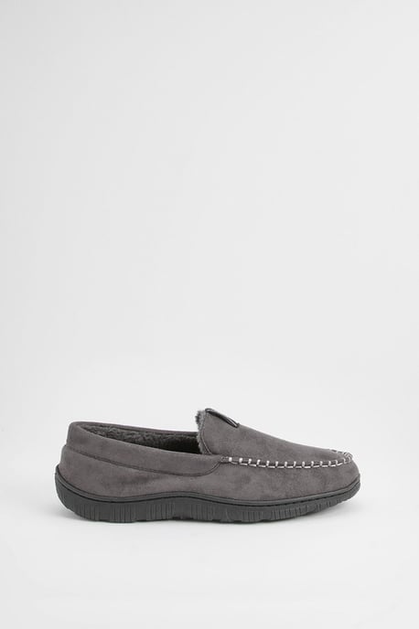 Grey Faux Fur Lined Moccasin Slippers - Image 2
