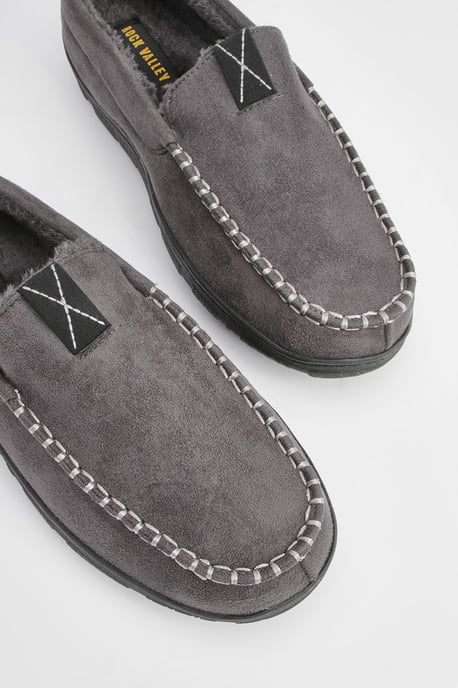 Grey Faux Fur Lined Moccasin Slippers - Image 3