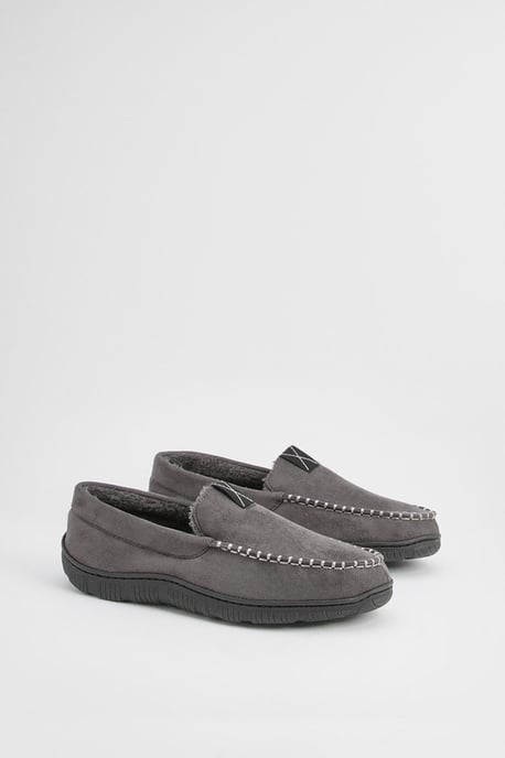 Grey Faux Fur Lined Moccasin Slippers - Image 4