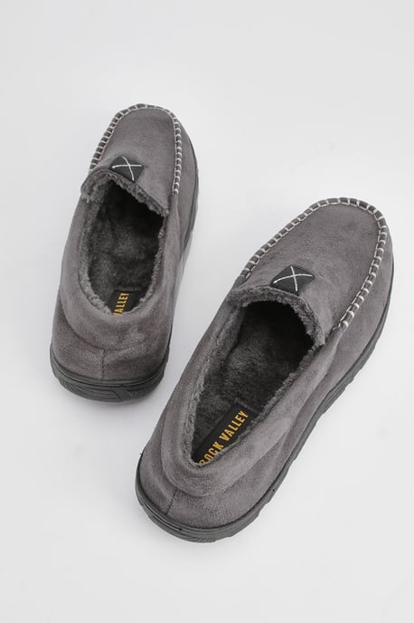 Grey Faux Fur Lined Moccasin Slippers - Image 5